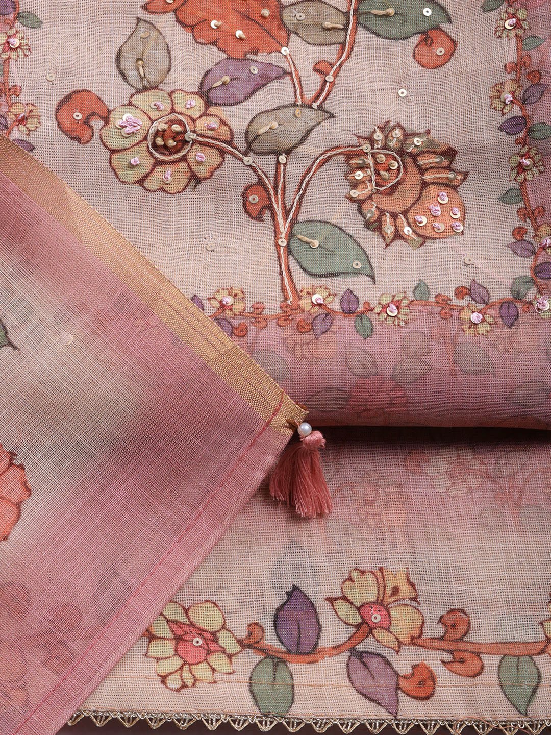 Printed Linen Blend Unstitched Suit With Pant &amp; Dupatta