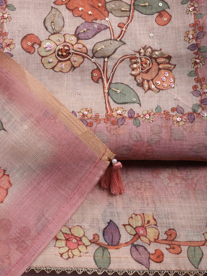 Printed Linen Blend Unstitched Suit With Pant &amp; Dupatta