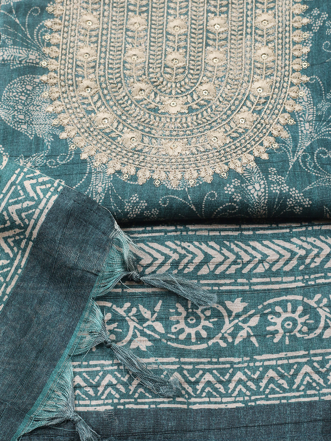 Embroidered Cotton Blend Unstitched Suit With Pant &amp; Dupatta