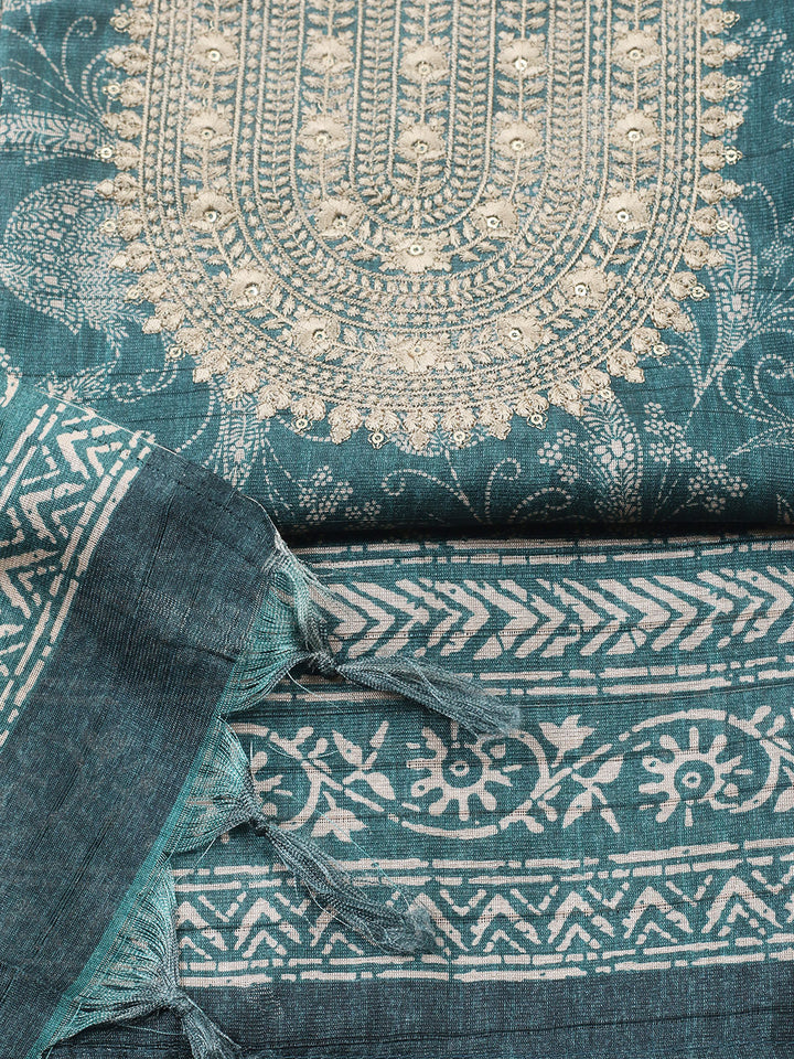 Embroidered Cotton Blend Unstitched Suit With Pant &amp; Dupatta