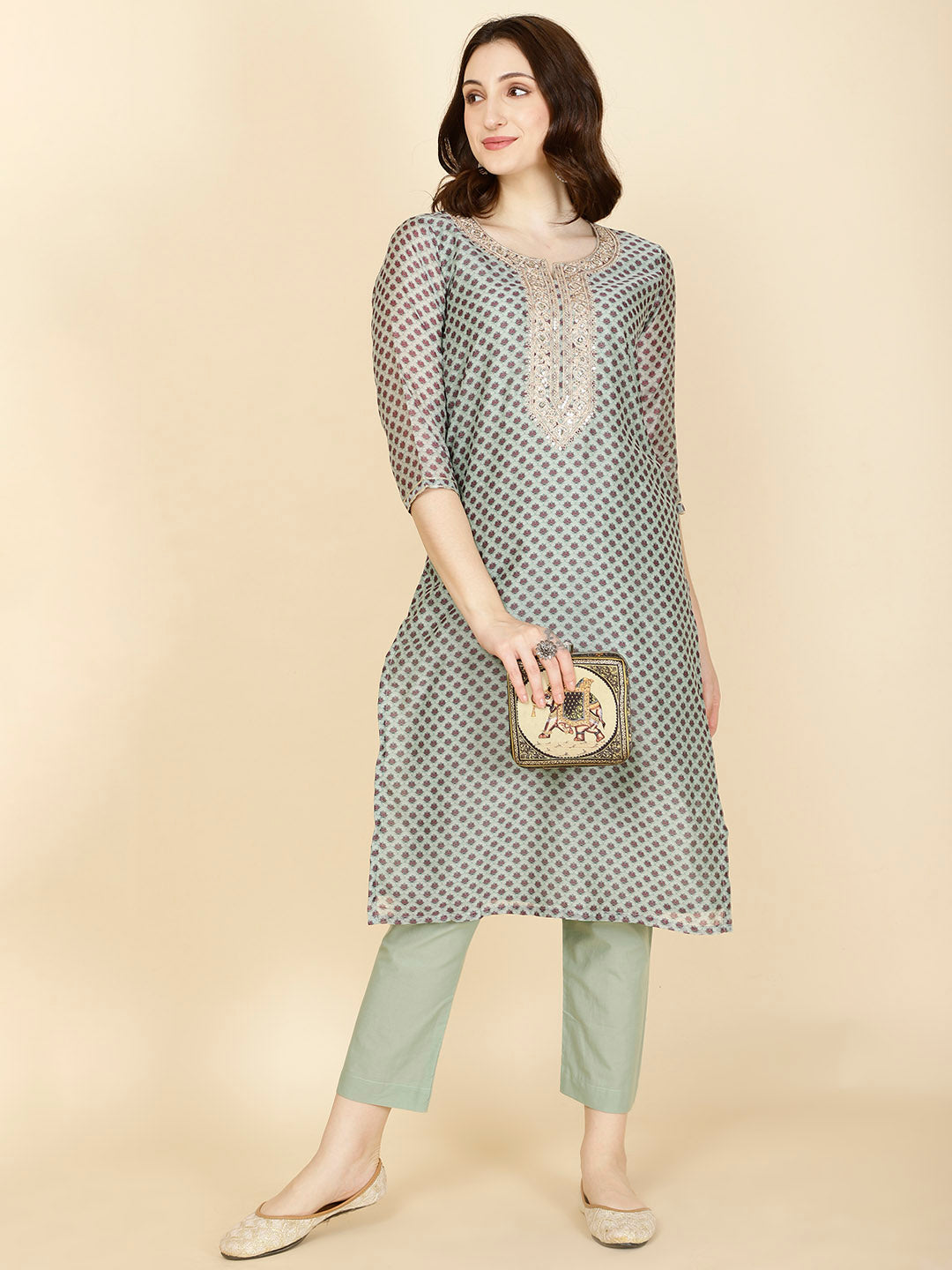 Floral Printed Chanderi Kurta With Pants