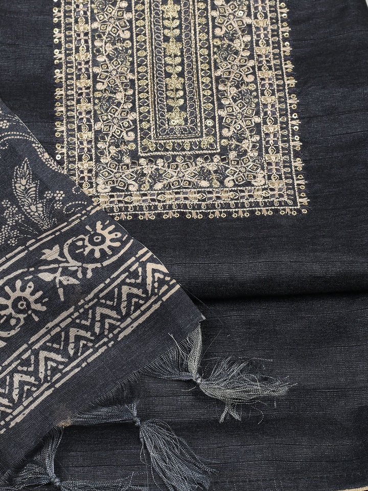 Embroidered Chanderi Unstitched Suit With Pant &amp; Dupatta