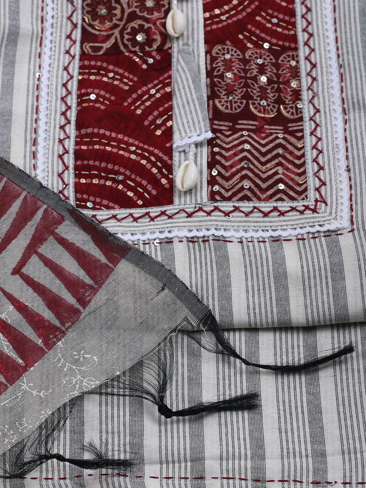 Patch Neck Cotton Blend Unstitched Suit With Dupatta