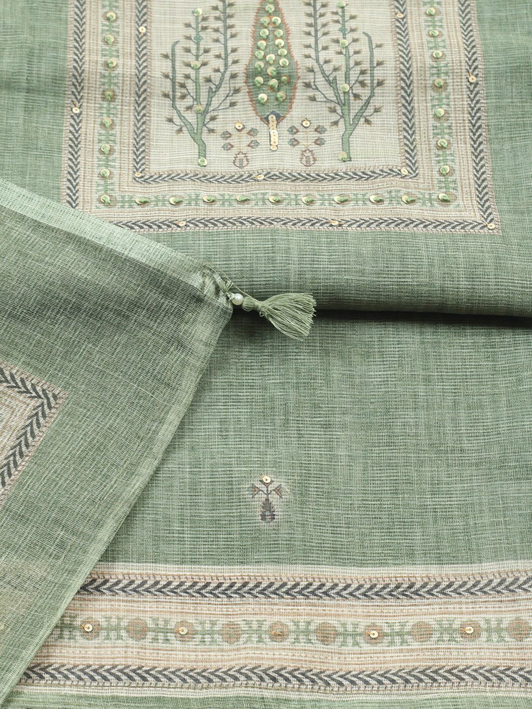 Printed Linen Blend Unstitched Suit With Pant &amp; Dupatta