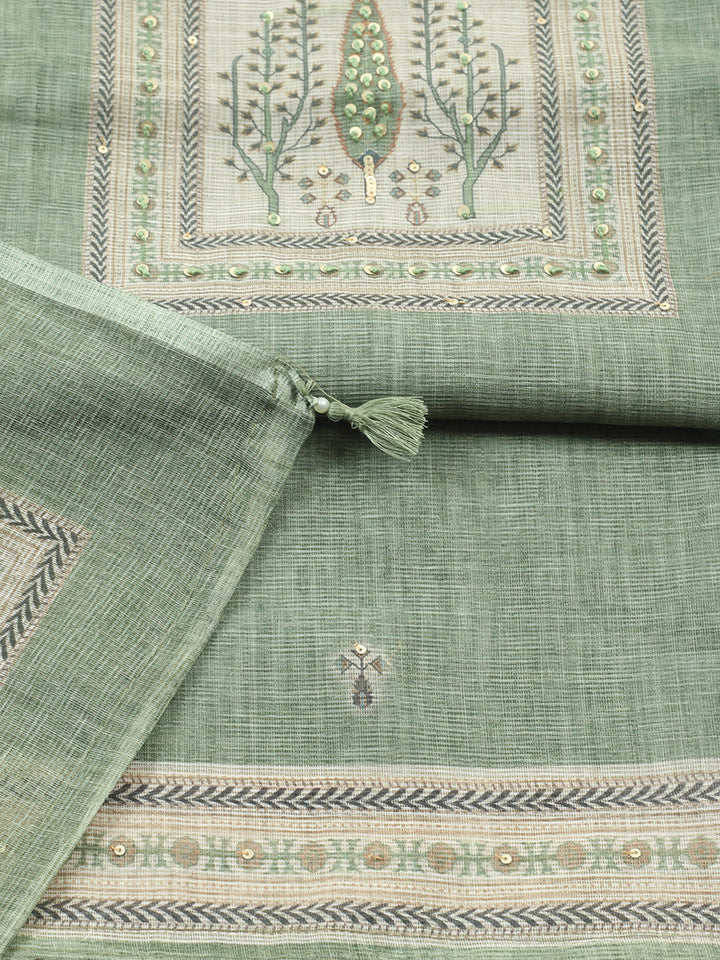 Printed Linen Blend Unstitched Suit With Pant &amp; Dupatta