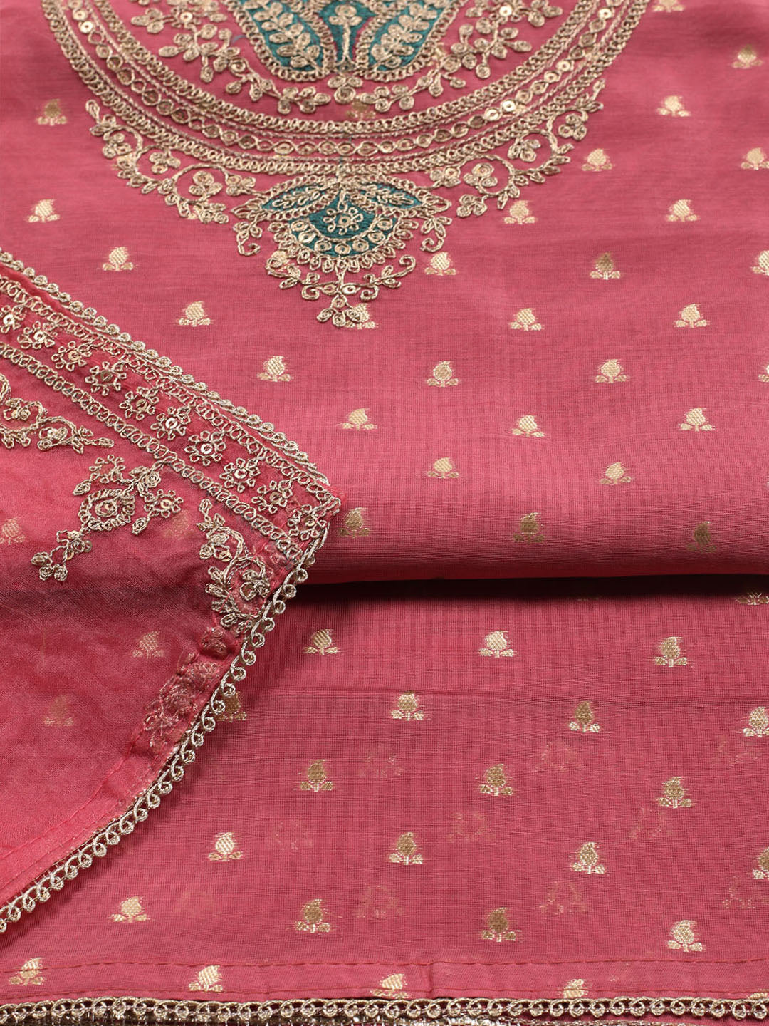Neck Embroidered Chanderi Unstitched Suit With Dupatta