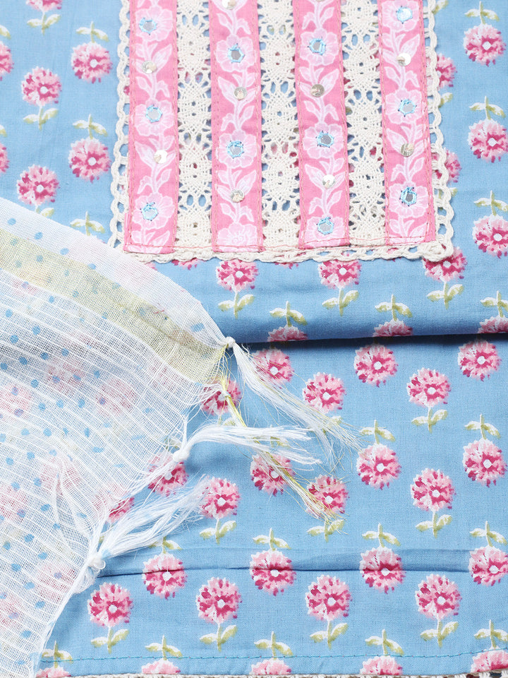 Printed Cotton Blend Unstitched Suit With Pant &amp; Dupatta