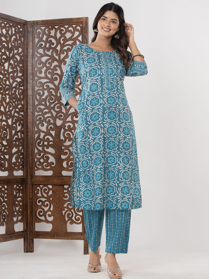 Light Blue Embroidered Cotton Blend Straight Suit Set With Dupatta