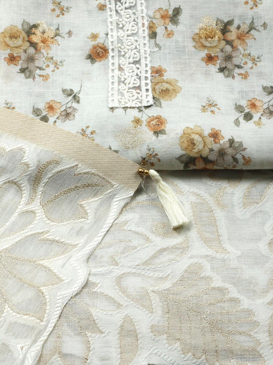 Embroidered Linen Blend Unstitched Suit With Pant &amp; Dupatta
