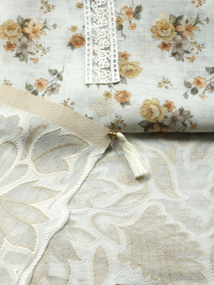 Embroidered Linen Blend Unstitched Suit With Pant &amp; Dupatta