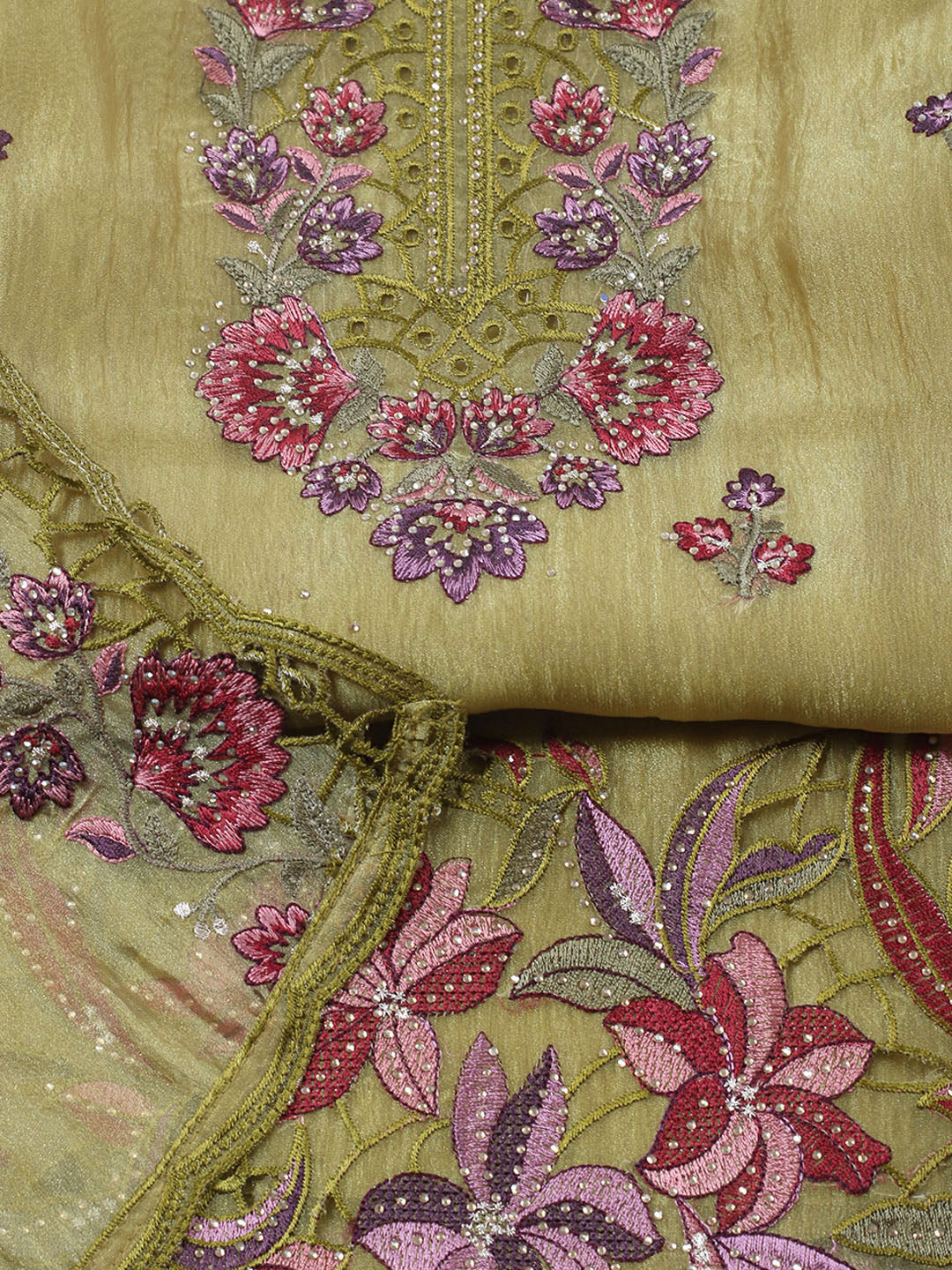 Embroidered Tissue Unstitched Suit With Pant &amp; Dupatta