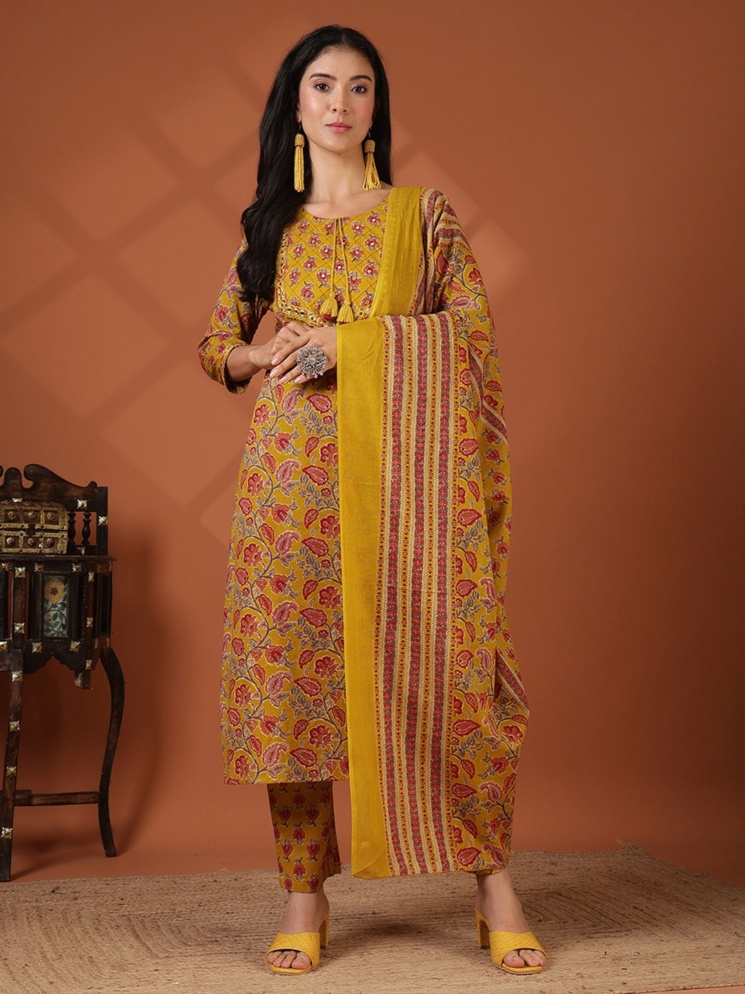 Printed Cotton Blend Kurta With Pant &amp; Dupatta
