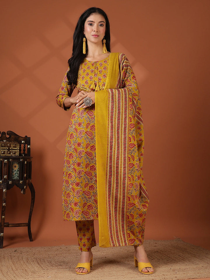 Printed Cotton Blend Kurta With Pant &amp; Dupatta