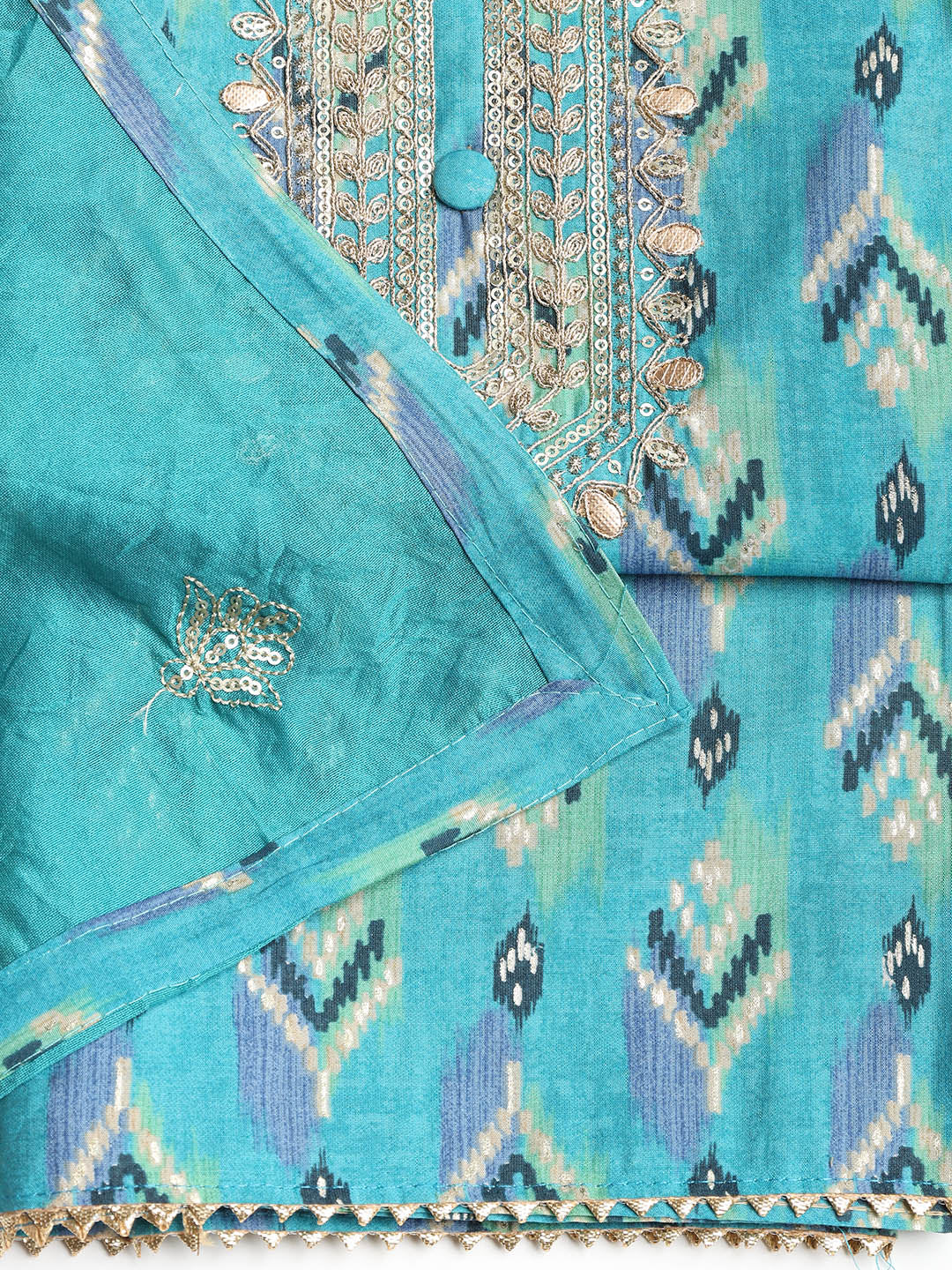 Gota Neck Cotton Blend Unstitched Suit With Dupatta
