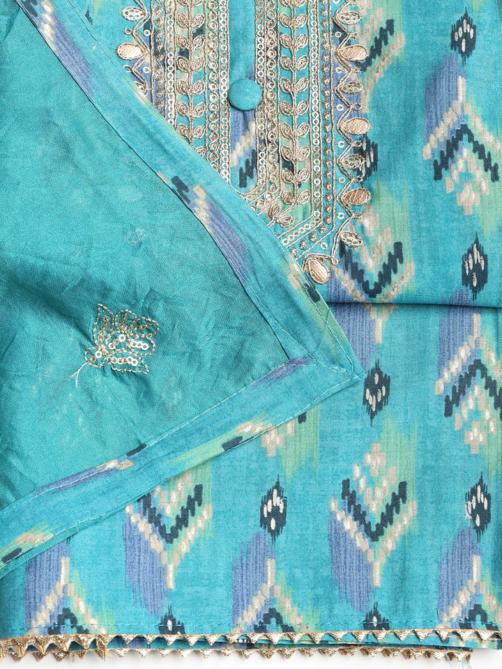 Gota Neck Cotton Blend Unstitched Suit With Dupatta