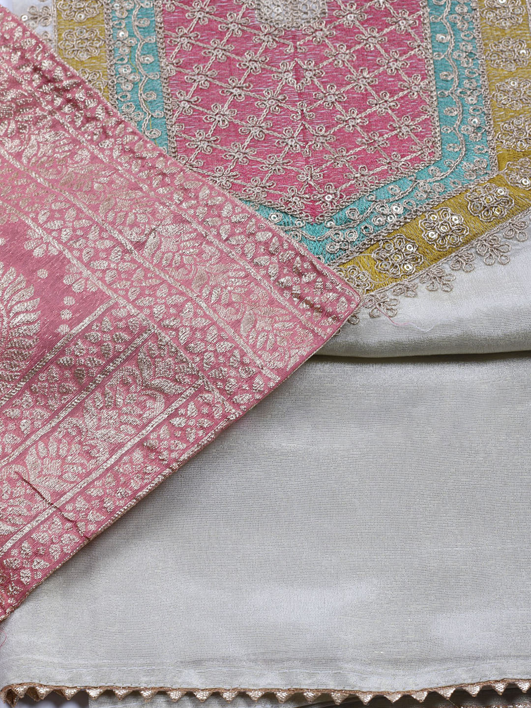 Neck Embroidered Tissue Unstitched Suit Piece With Dupatta