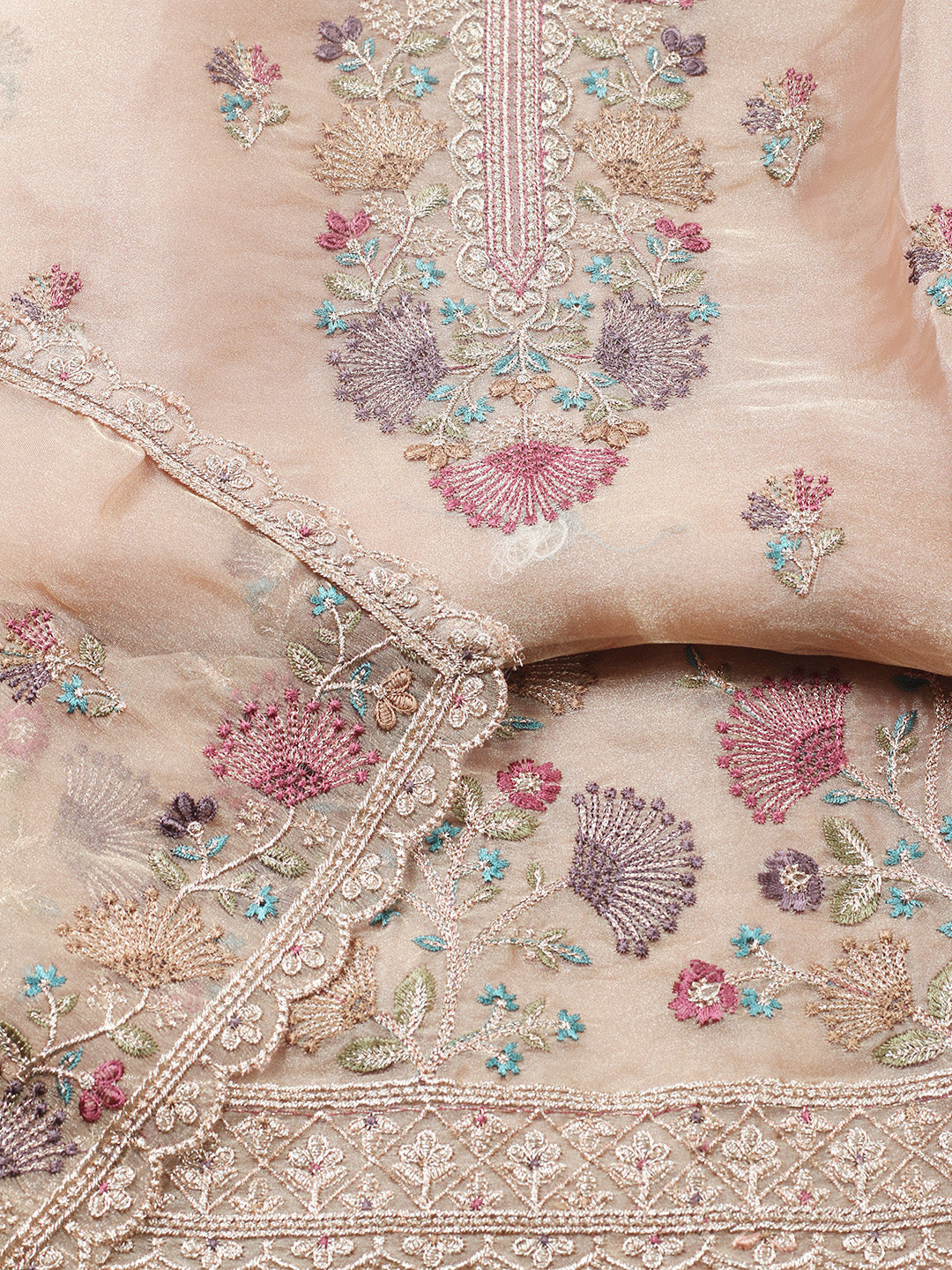 Embroidered Organza Unstitched Suit With Pant &amp; Dupatta
