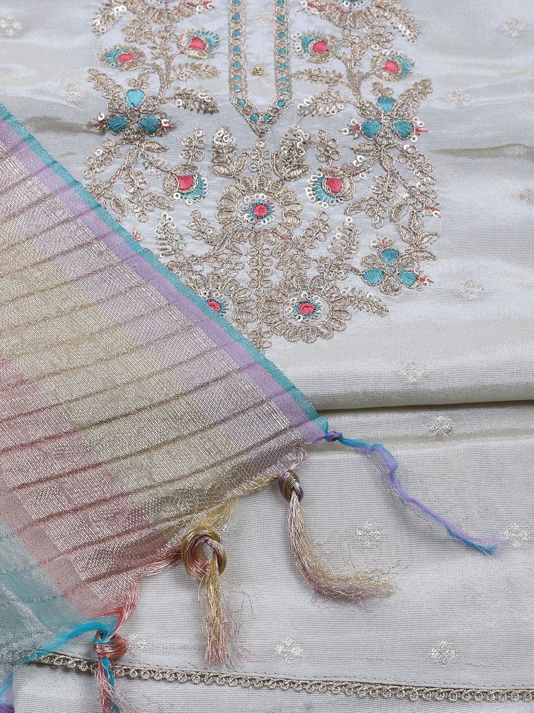 Neck Embroidered Chanderi Unstitched Suit With Dupatta