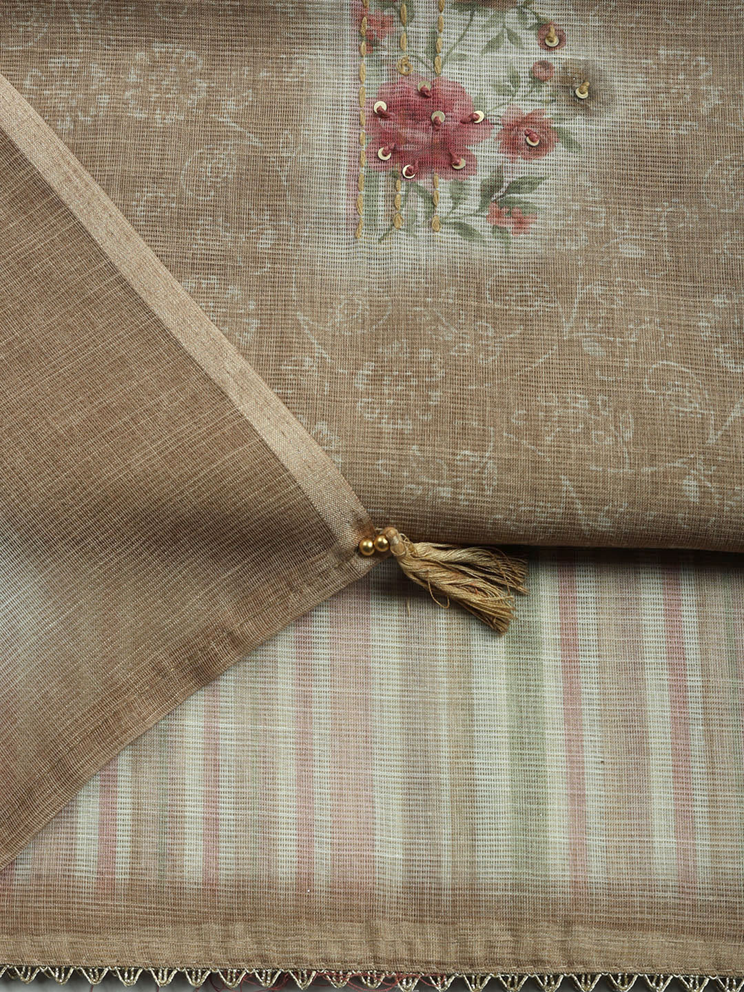 Printed Linen Blend Unstitched Suit With Pant &amp; Dupatta