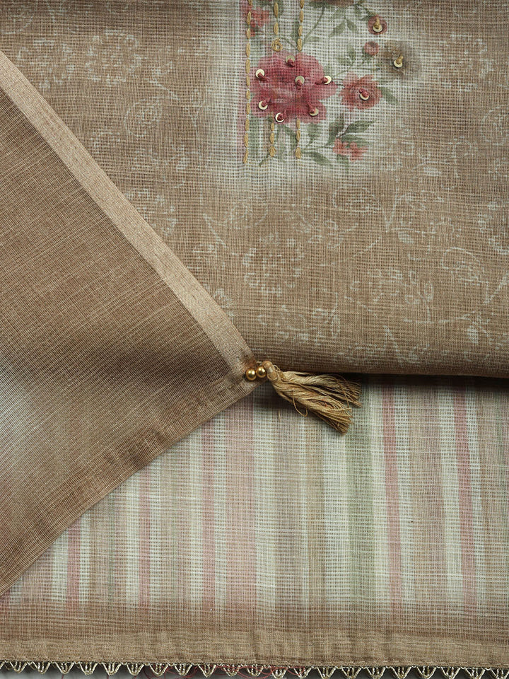Printed Linen Blend Unstitched Suit With Pant &amp; Dupatta