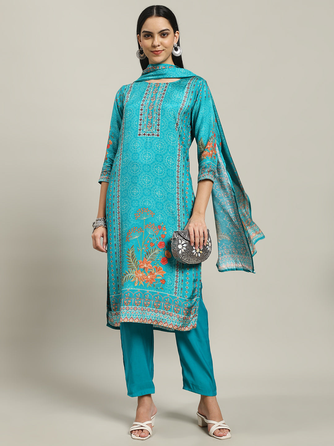 Printed Muslin Kurta With Pants & Dupatta