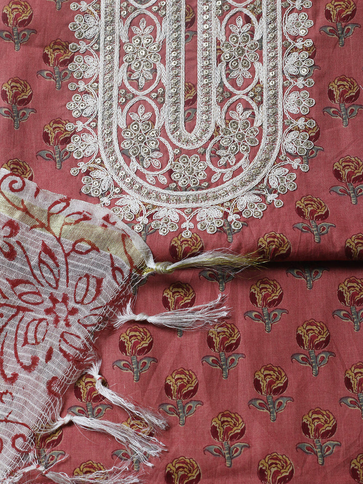 Printed Cotton Blend Unstitched Suit With Pant &amp; Dupatta