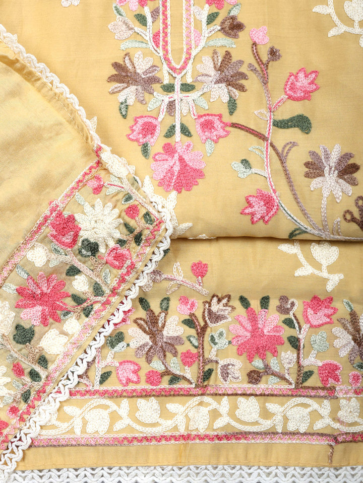 Embroidered Chanderi Unstitched Suit With Pant &amp; Dupatta