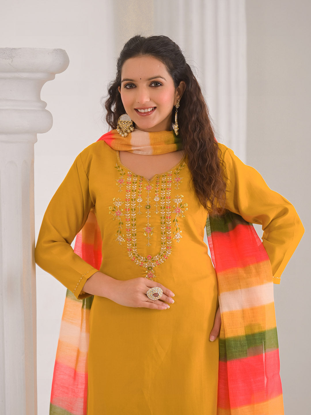 Neck Embroidery Cotton Blend Kurta With Pants &amp; Dupatta