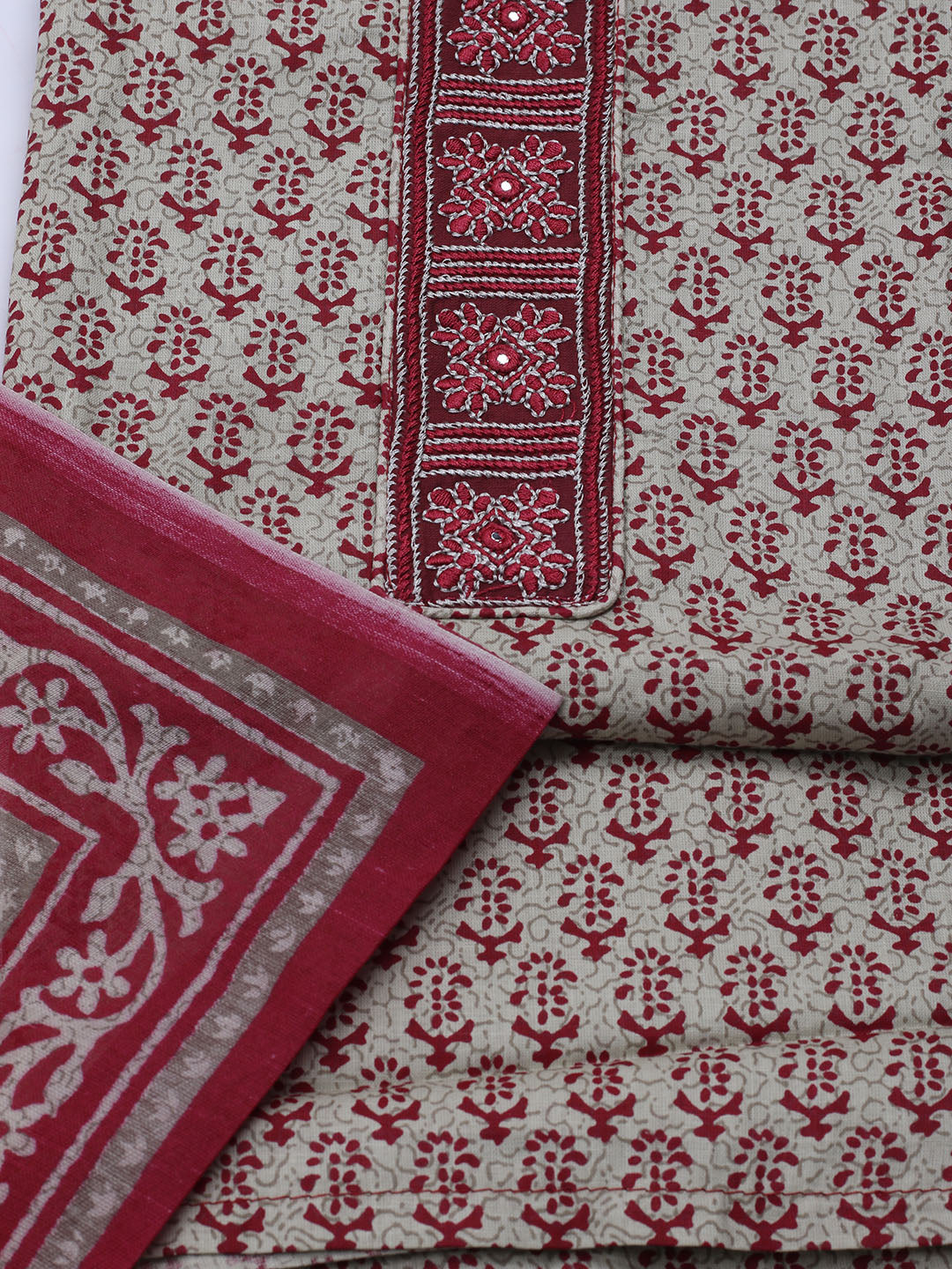 Patch Neck Cotton Blend Unstitched Suit With Dupatta