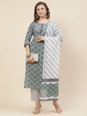 Straight-fit Cotton Suit Set with Dupatta