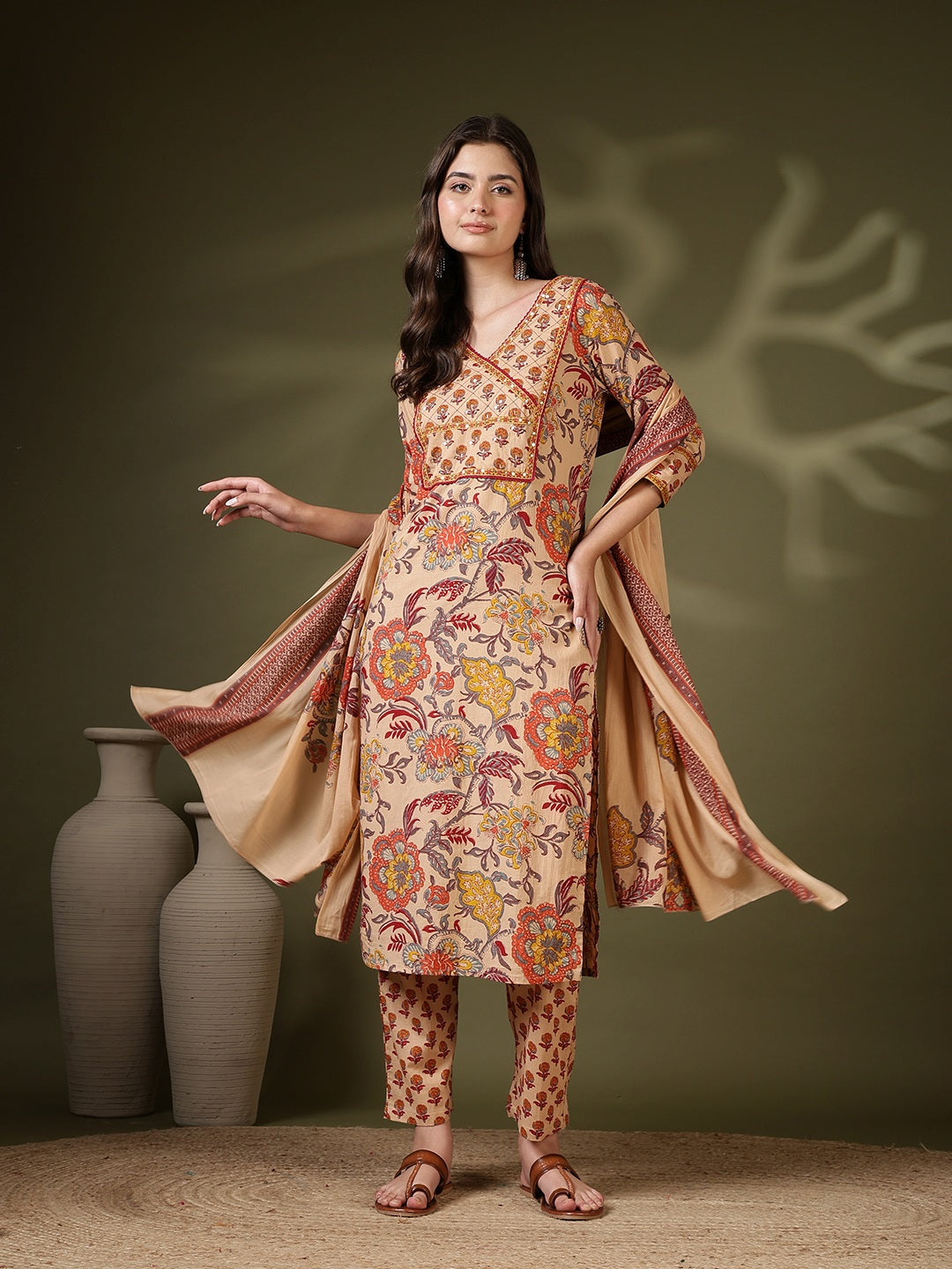 Printed Cotton Blend Kurta With Pant &amp; Dupatta