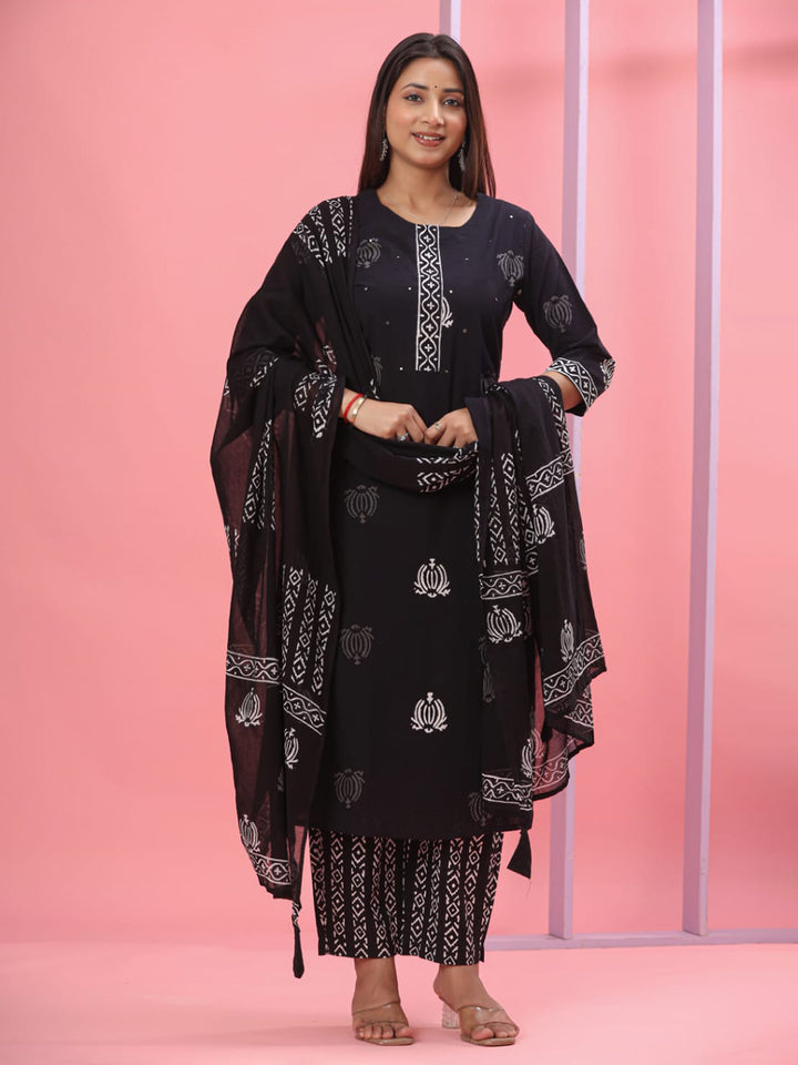 Black Embroidered Cotton Blend Straight Suit Set With Dupatta