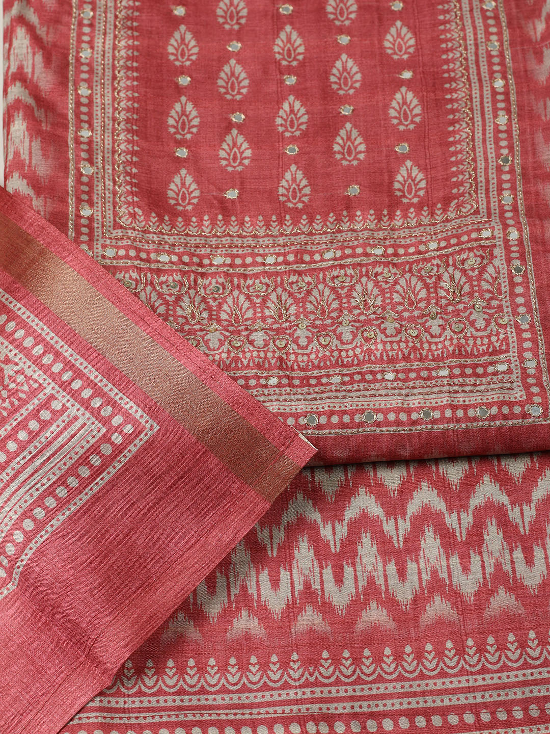 Embroidered Chanderi Unstitched Suit With Pant &amp; Dupatta