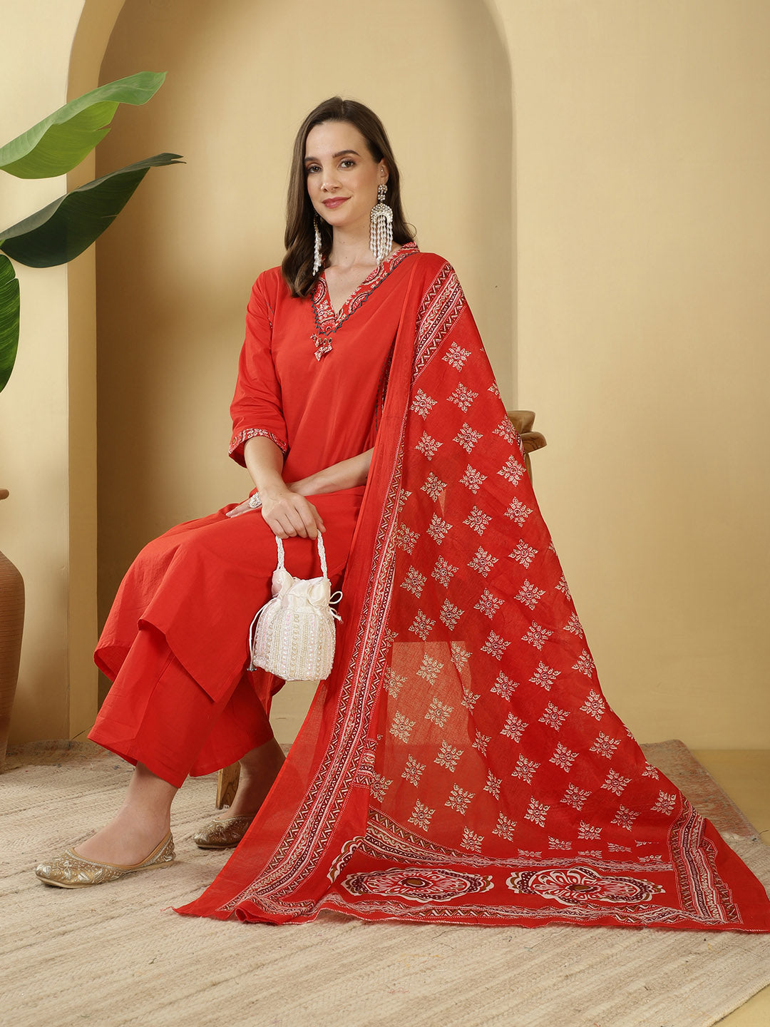 Printed Cotton Blend Kurta With Pants & Dupatta