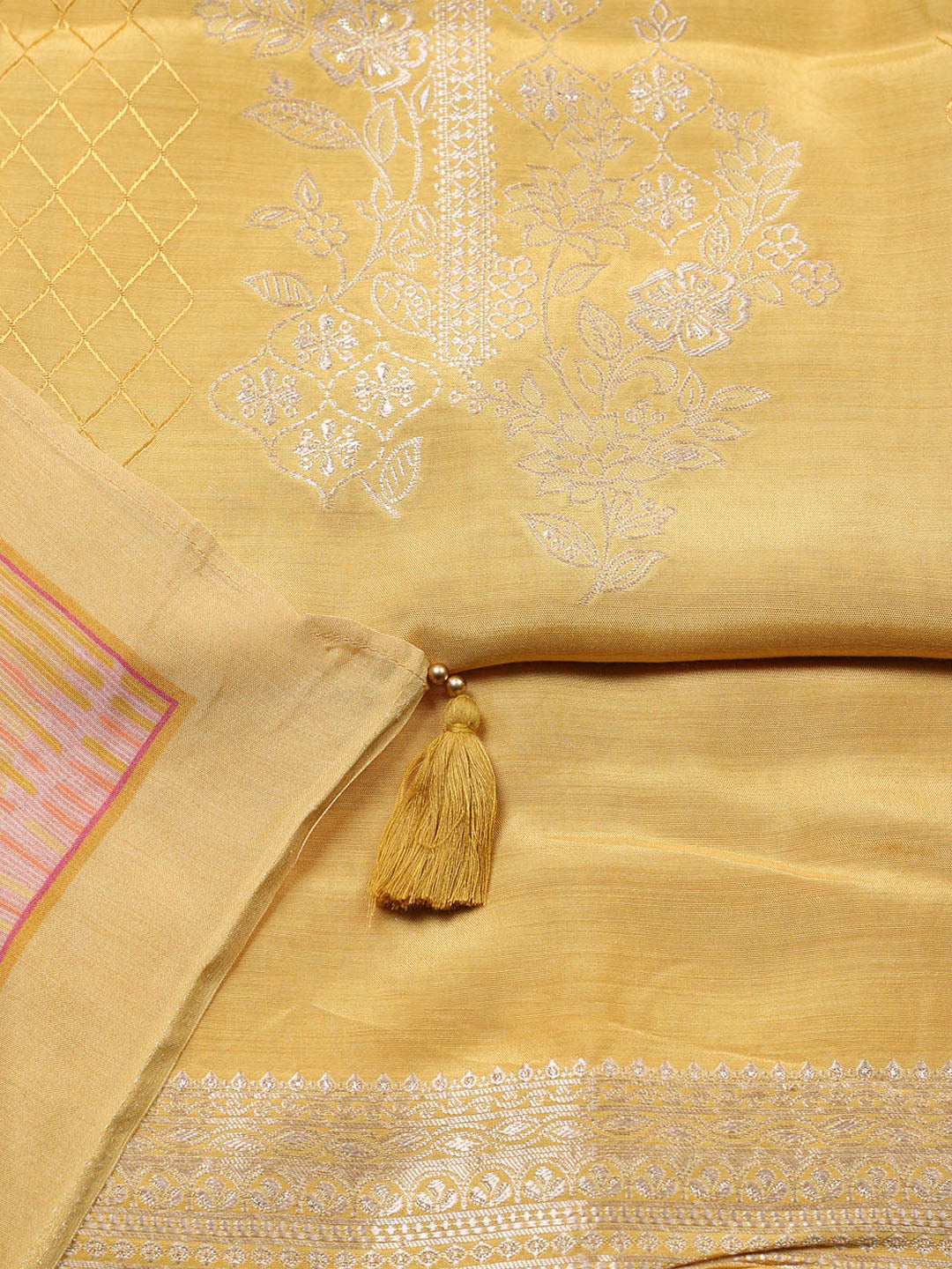 Embroidered Art Silk Unstitched Suit With Pant &amp; Dupatta