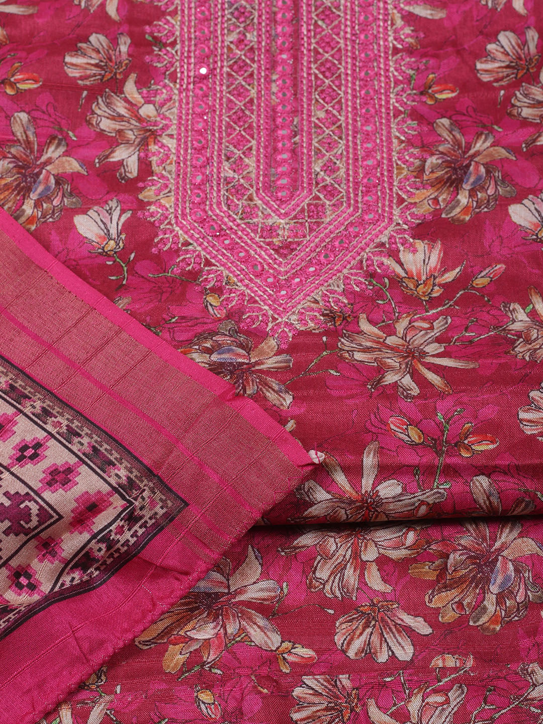 Embroidered Tussar Unstitched Suit With Pant Dupatta