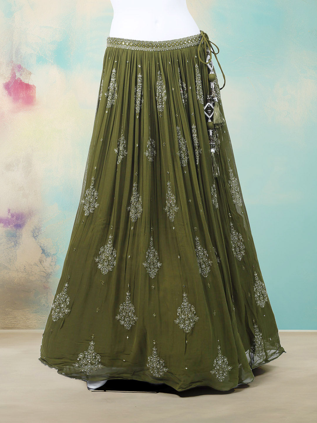 Resham Mirror Work Georgette Choli With Lehenga & Dupatta