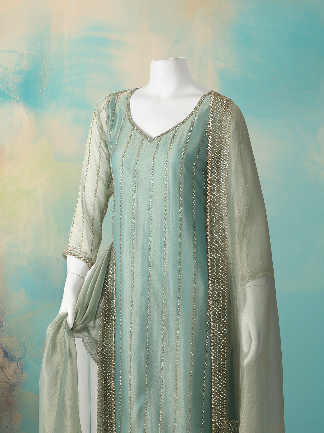 CutDana Embroidered Tissue Stitched Kurta With Pant &amp; Dupatta