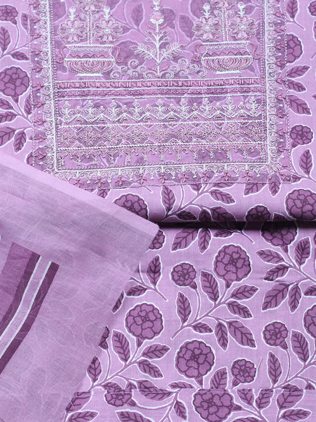 Embroidered Cotton Blend Unstitched Suit With Pant &amp; Dupatta