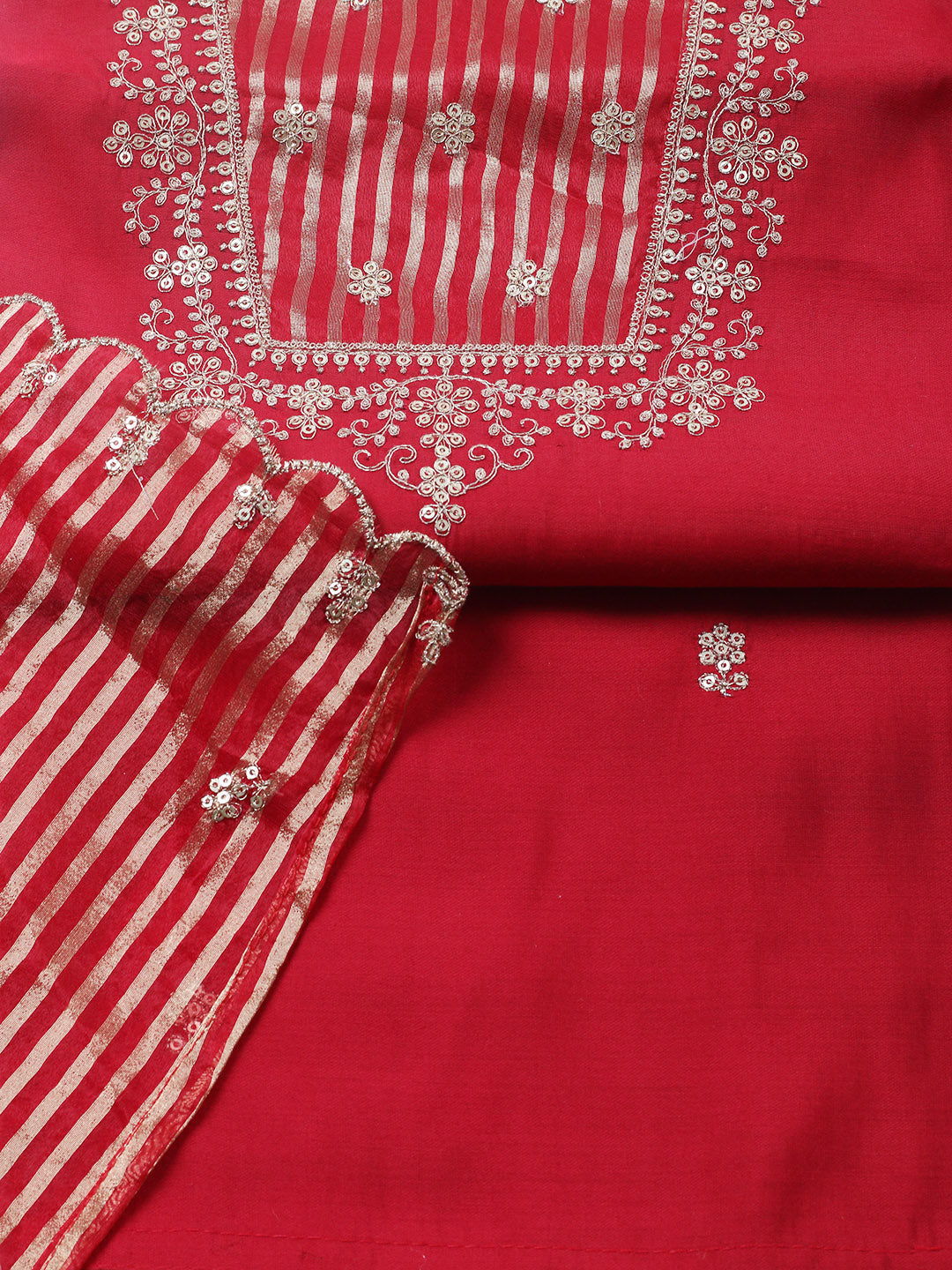 Embroidered Chanderi Unstitched Suit With Pant &amp; Dupatta