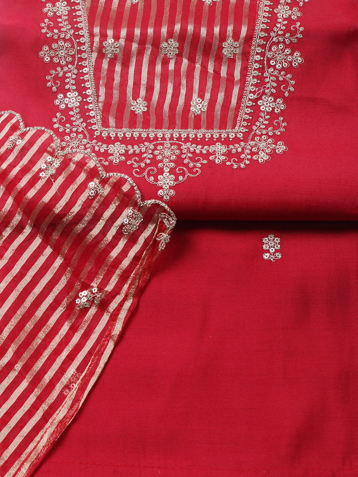 Embroidered Chanderi Unstitched Suit With Pant &amp; Dupatta