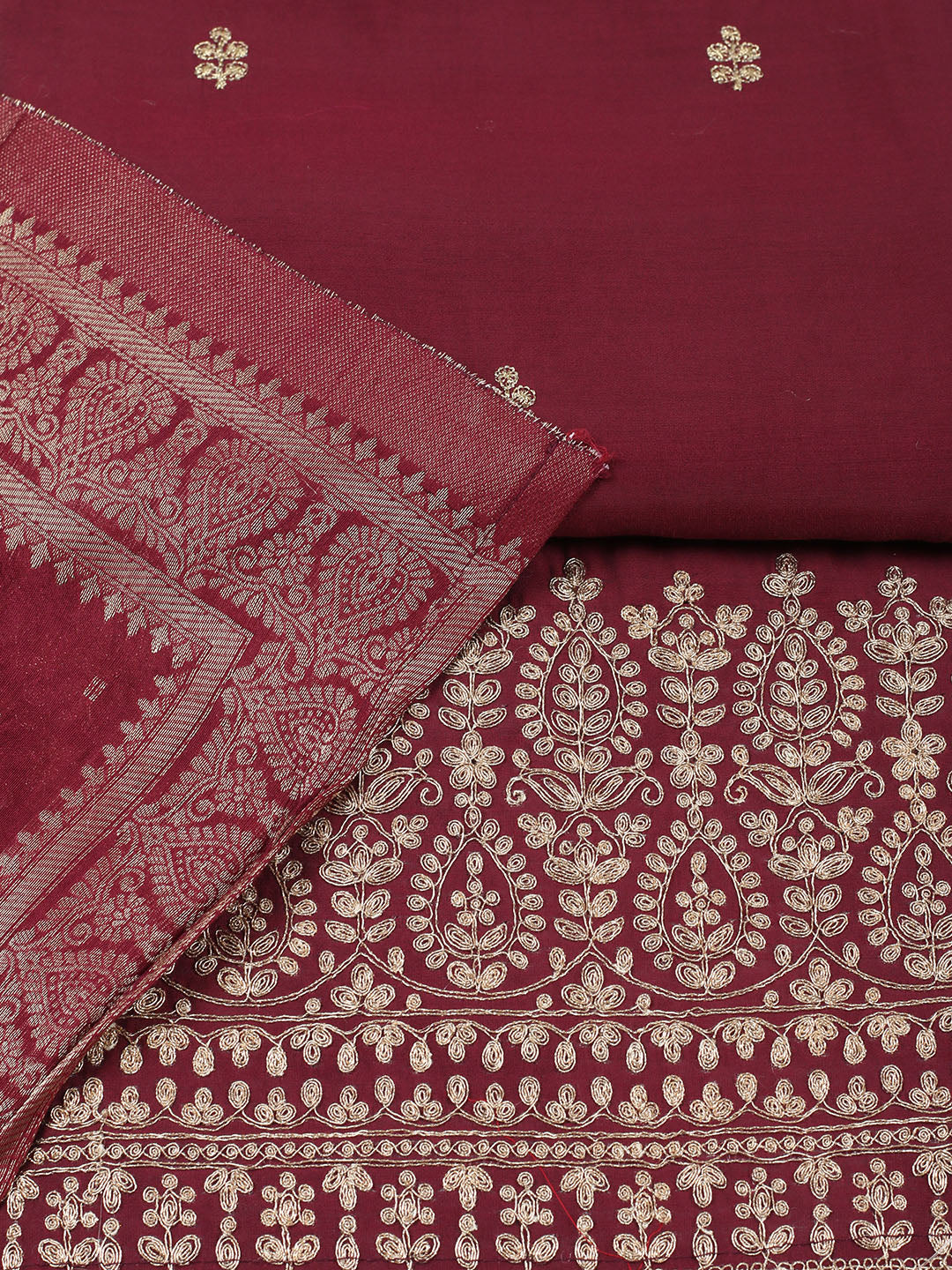 Embroidered Chanderi Unstitched Suit With Pant &amp; Dupatta