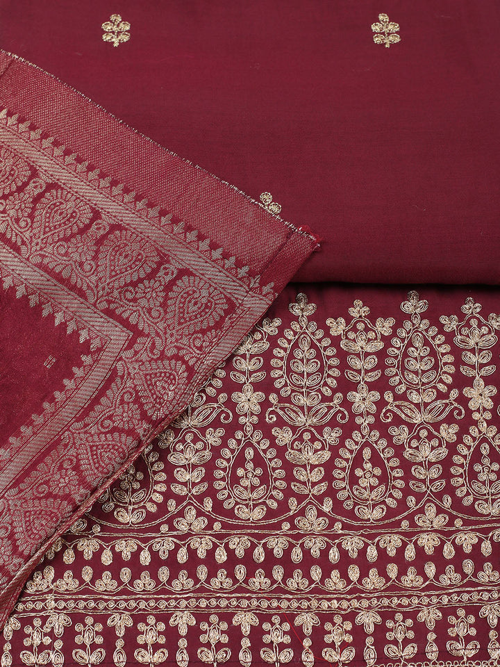 Embroidered Chanderi Unstitched Suit With Pant &amp; Dupatta