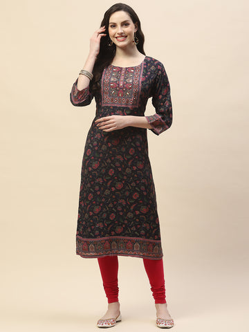 Printed Muslin Kurta with Yoke Embroidery