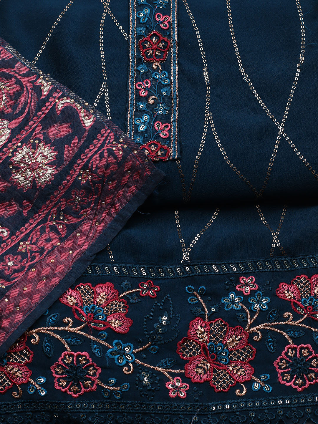 Embroidered Georgette Unstitched Suit With Pant &amp; Dupatta
