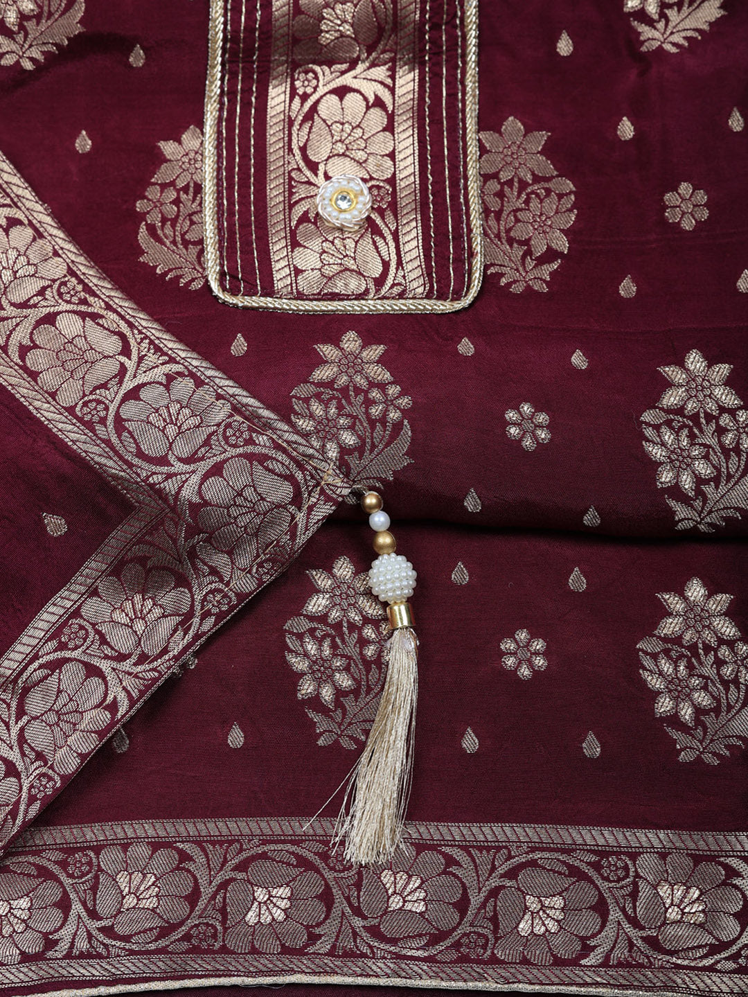Embroidered Chanderi Unstitched Suit With Pant &amp; Dupatta