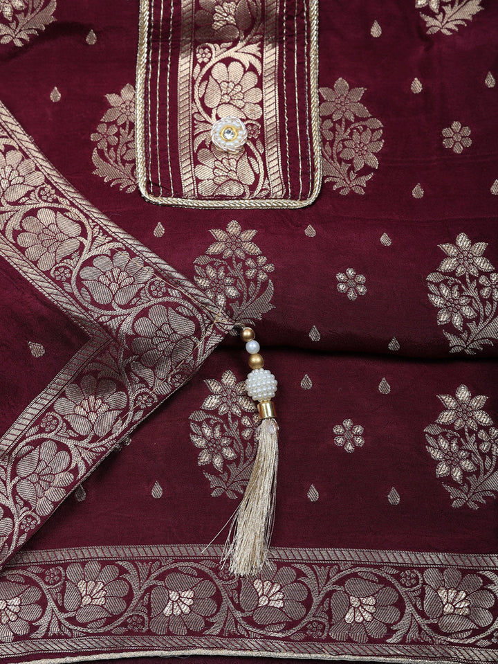 Embroidered Chanderi Unstitched Suit With Pant &amp; Dupatta