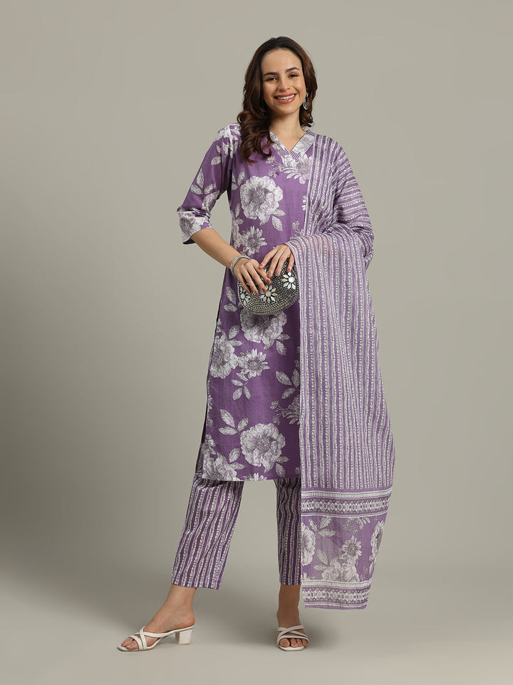 Floral Parinted Cotton Blend Kurta With Pants &amp; Dupatta