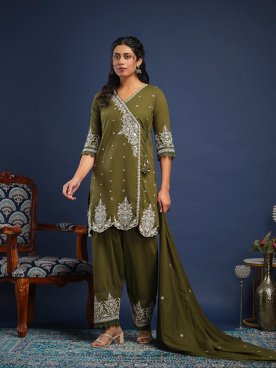 Embroidered Cotton Kurta With Pant &amp; Dupatta