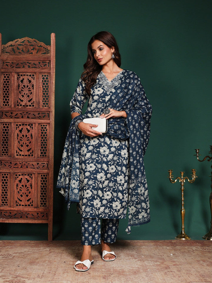 Printed Cotton Blend Kurta With Pant &amp; Dupatta